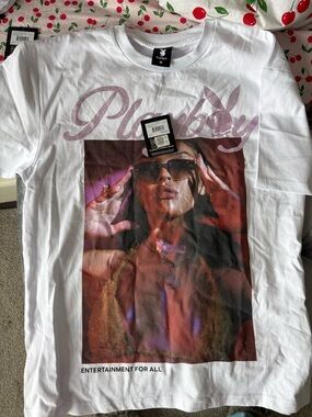 Nwt Playboy Oversized White Graphic Tee with Pink Logo